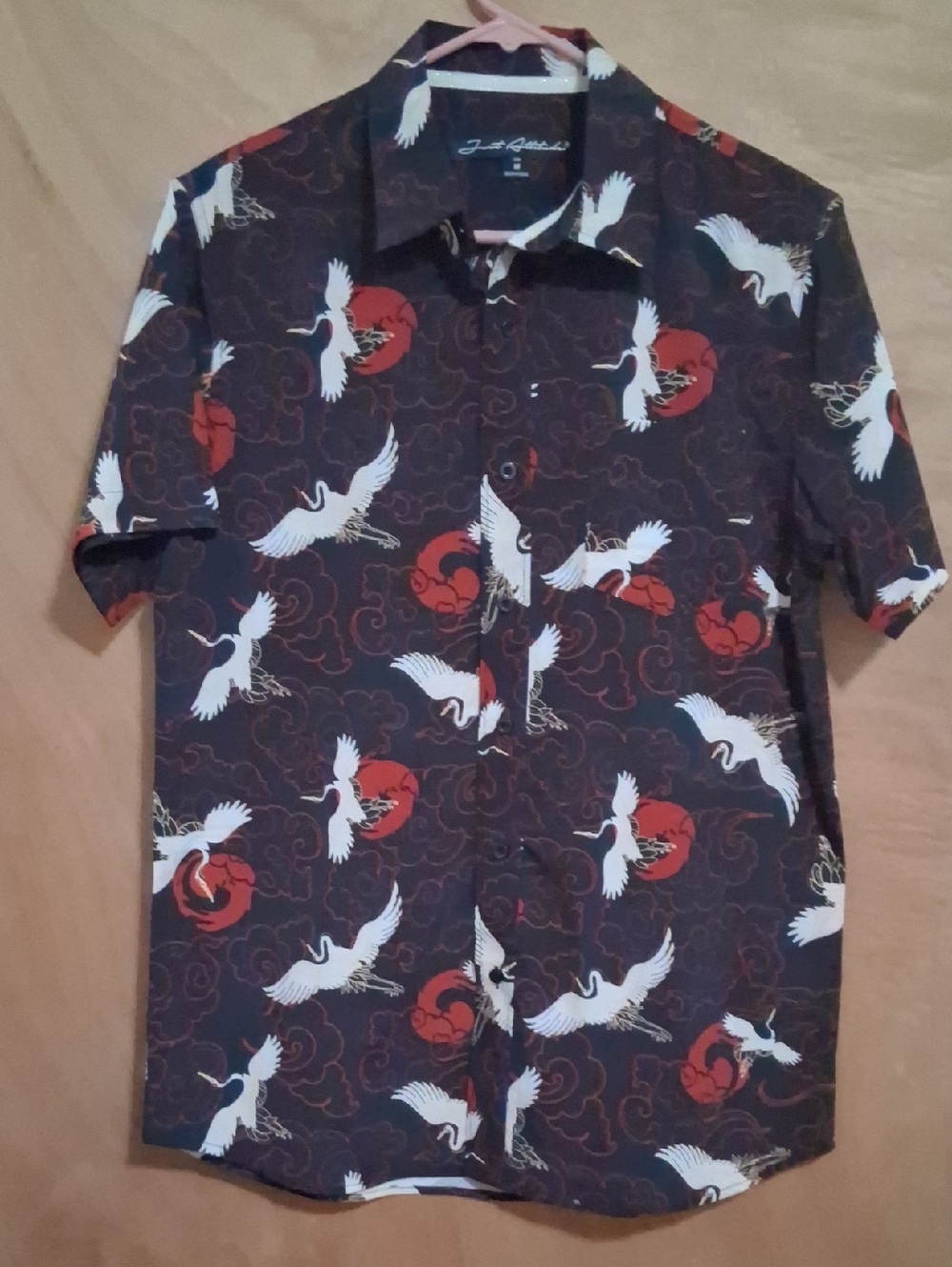 Short-Sleeve Crane Print Button-Down Shirt - Brown with White & Red